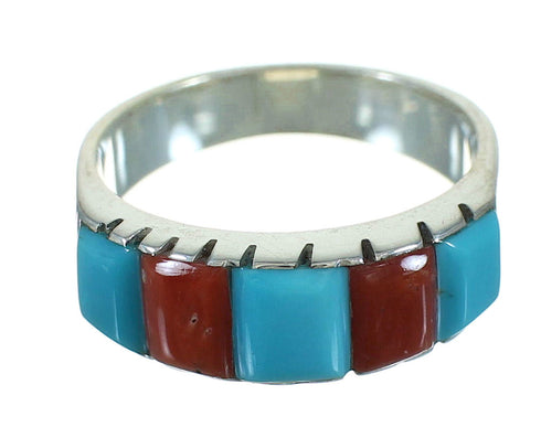 Turquoise And Coral Southwestern Sterling Silver Ring Size 8-1/2 AX87602